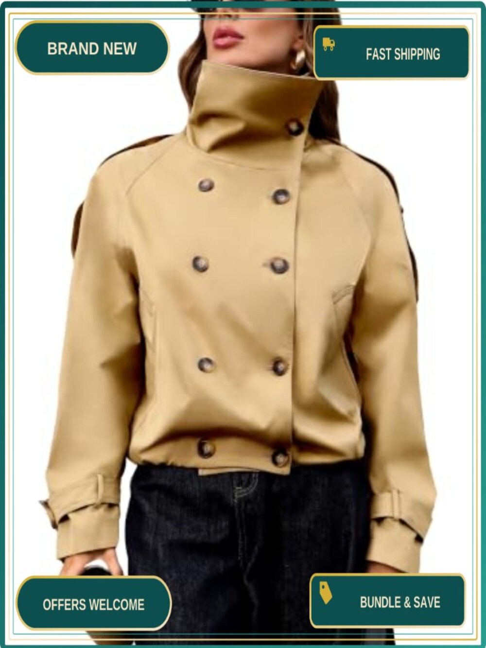 Cropped Trench Coat Women Funnel Neck Button Pockets Fall Outerwear